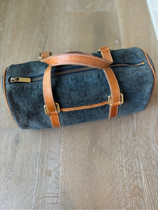 Celine Handbags - Celine Macadam Navy Suede Mini Duffel with Brown Leather Trim